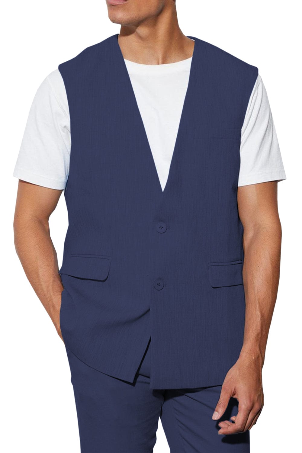 aesido 2 Piece Casual V Neck Double Button Vests (Vest+Pants)