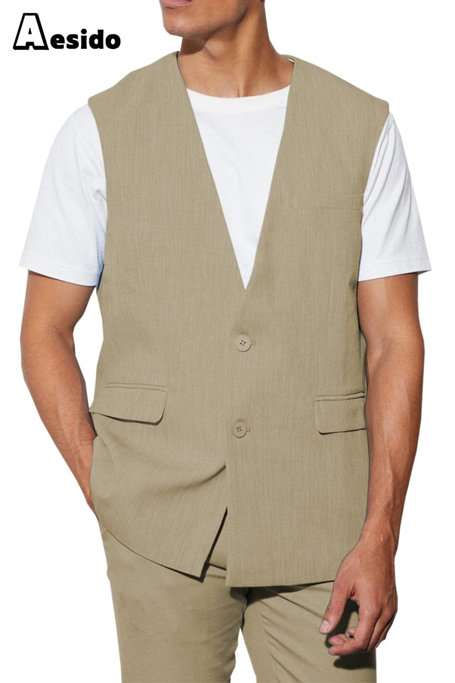 aesido 2 Piece Casual V Neck Double Button Vests (Vest+Pants)