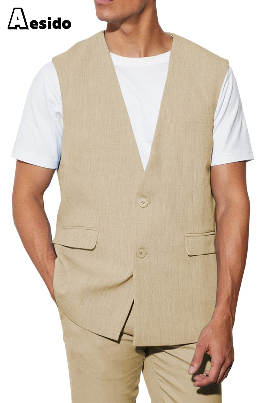 aesido 2 Piece Casual V Neck Double Button Vests (Vest+Pants)