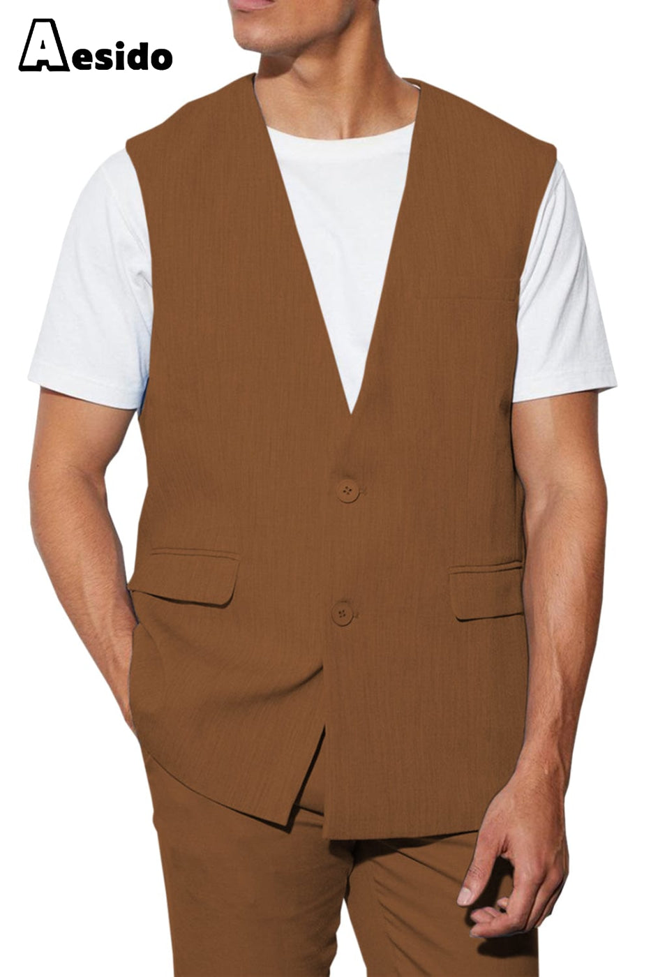 aesido 2 Piece Casual V Neck Double Button Vests (Vest+Pants)