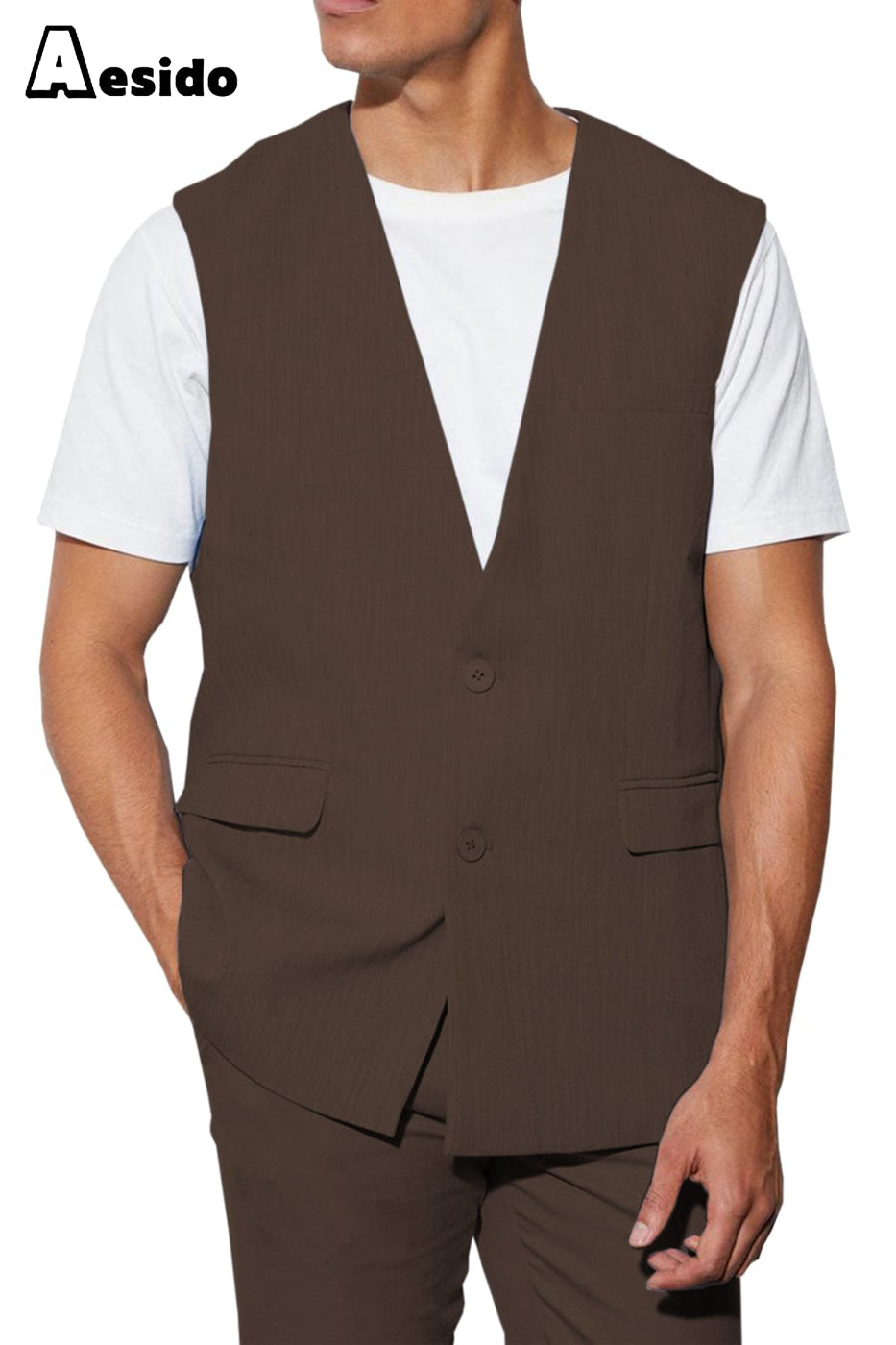 aesido 2 Piece Casual V Neck Double Button Vests (Vest+Pants)