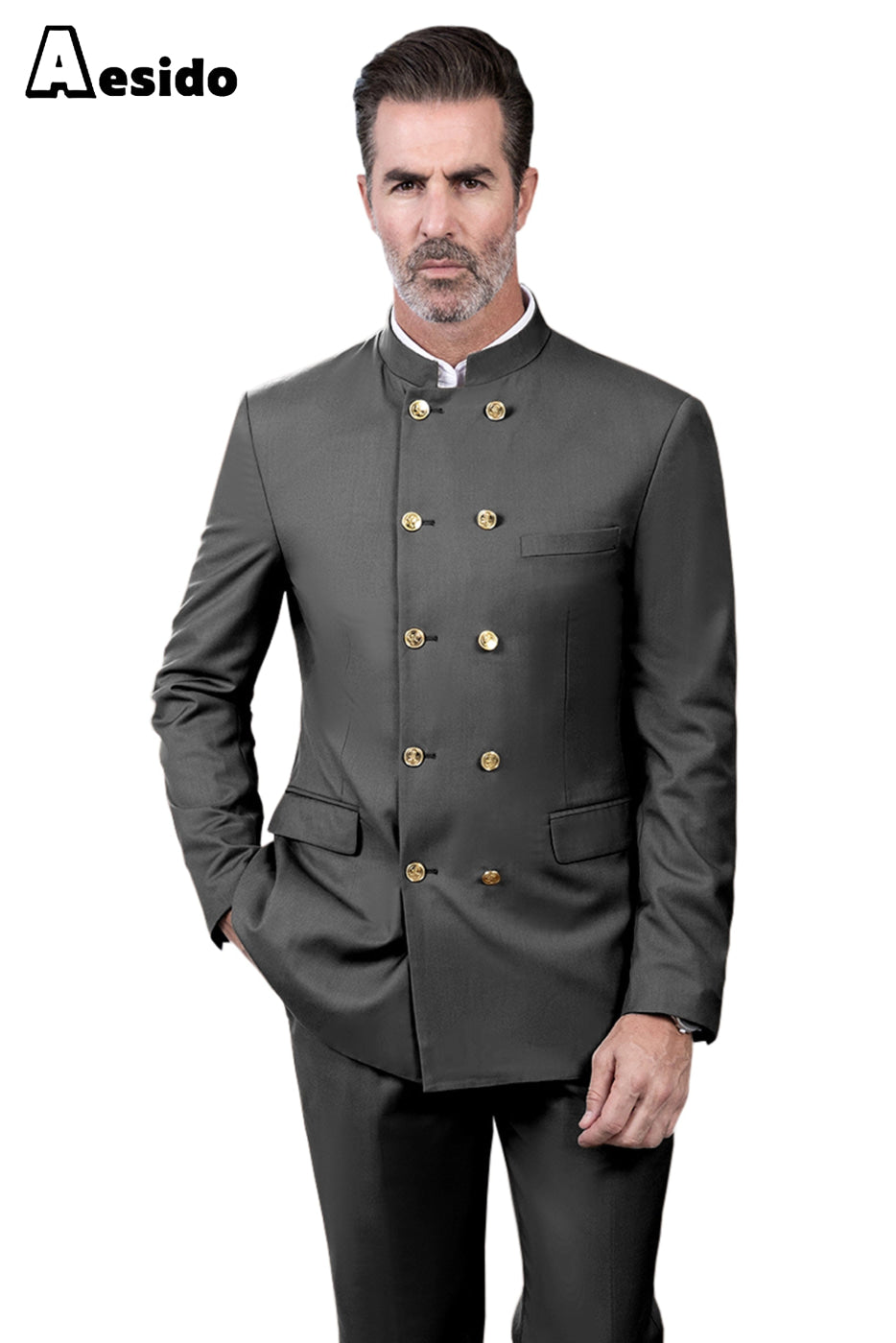 aesido 2 Piece Double Breasted Stand Lapel Men's Suit