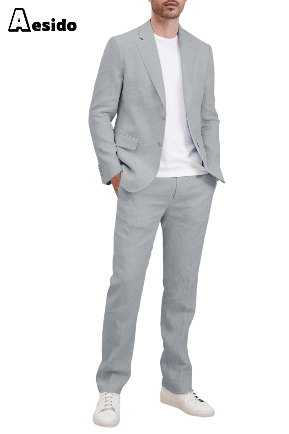 aesido 2 Piece Linen Peak Lapel Men's Suit (Blazer+Pants)