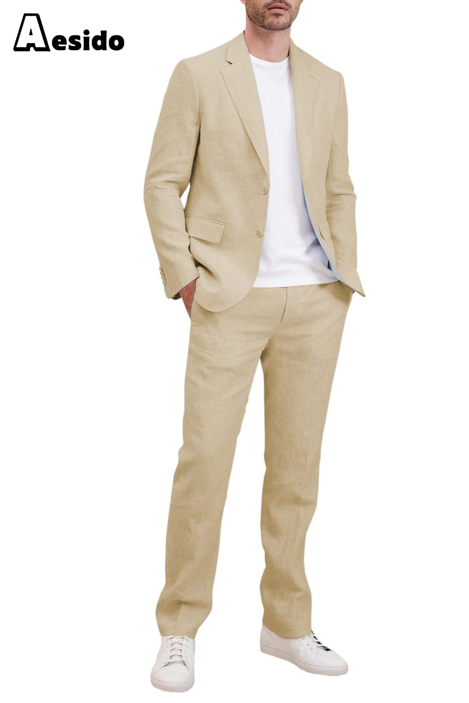 aesido 2 Piece Linen Peak Lapel Men's Suit (Blazer+Pants)