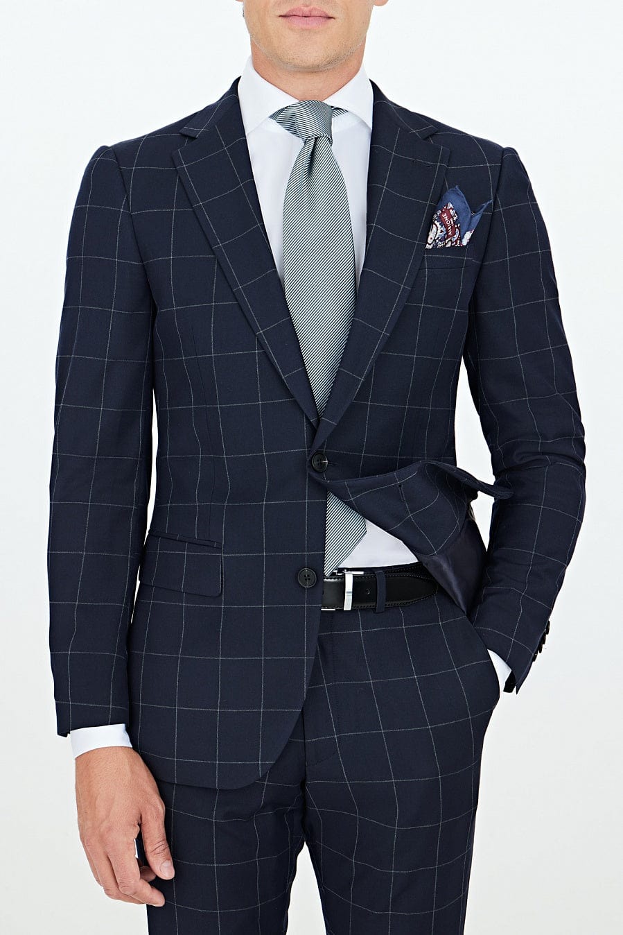 aesido 2 Piece Navy Blue Business Casual Notch Lapel Plaid Men Suit (Blazer+Pants）