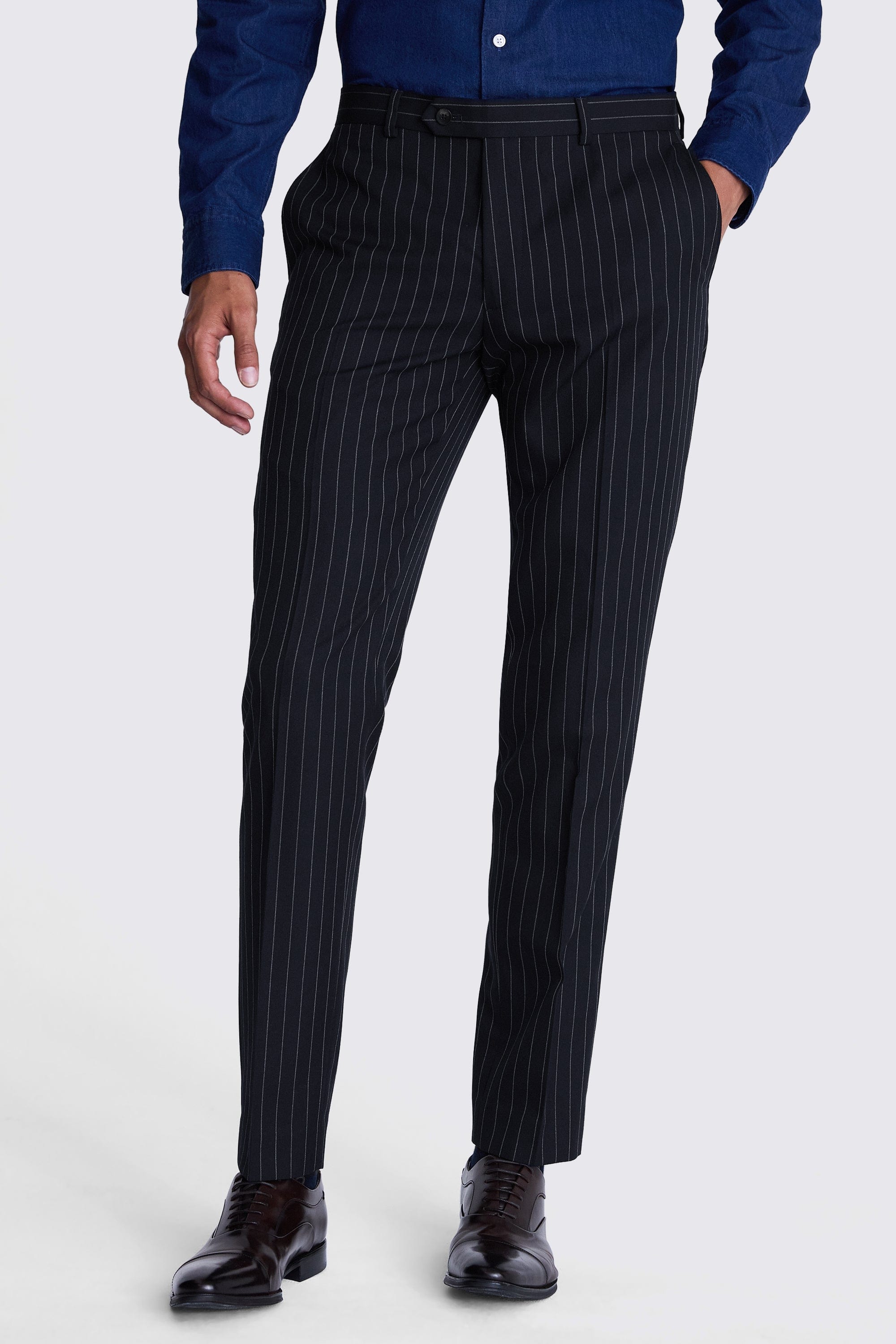 aesido 2 Piece Navy Business Double Breasted Peak Lapel Striped Suit