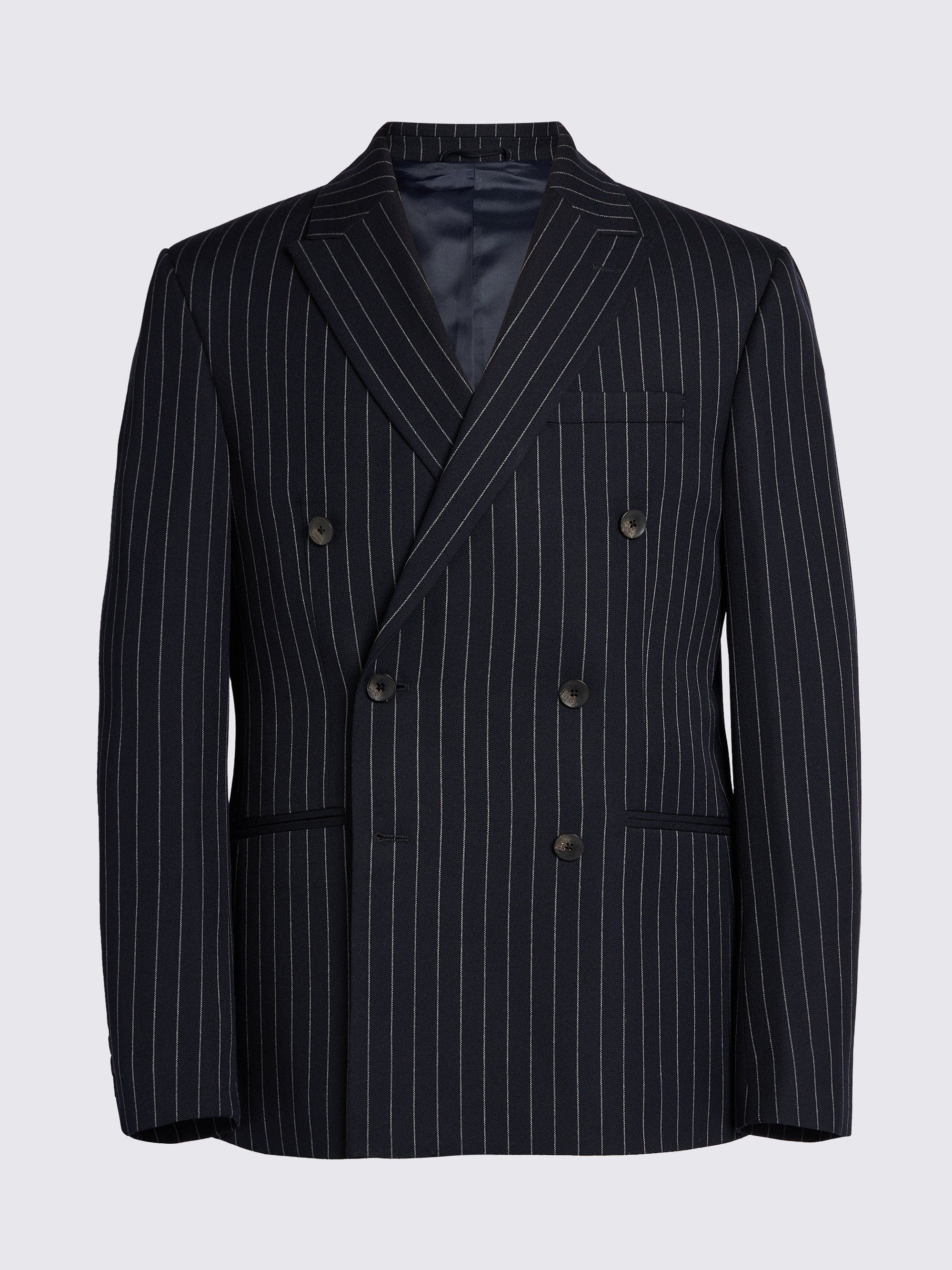 aesido 2 Piece Navy Business Double Breasted Peak Lapel Striped Suit