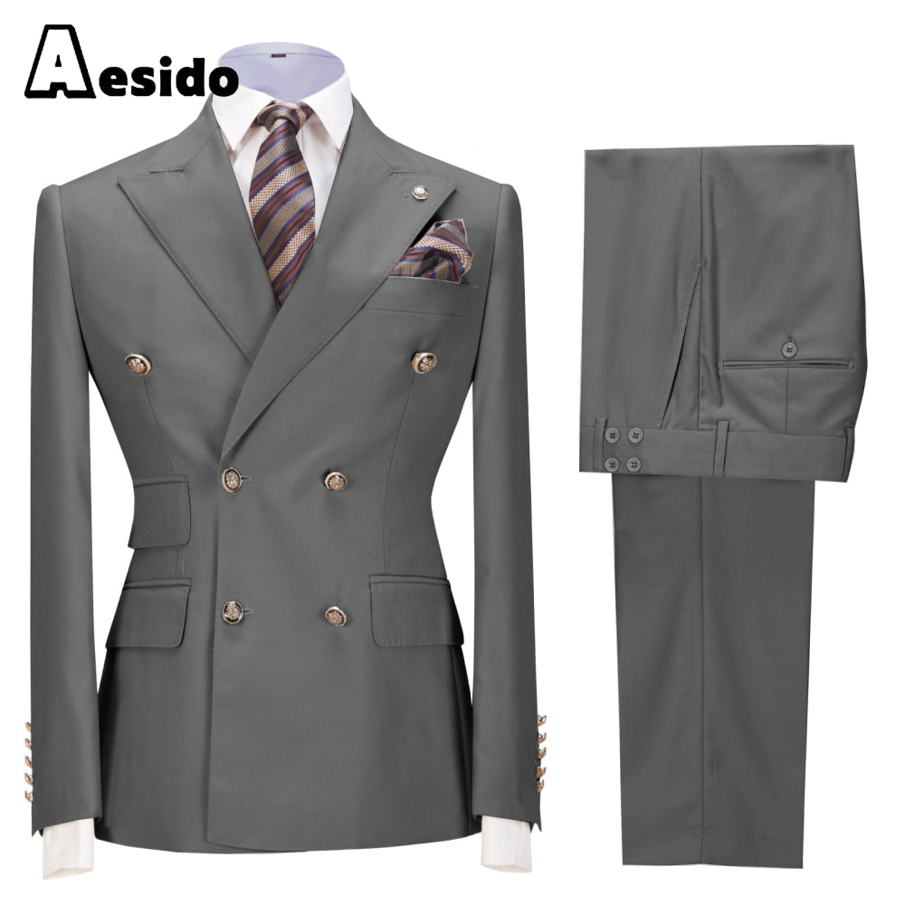 aesido 2 Pieces Business Mens Suit Slim Fit Peak Lapel Flat Blazer For Wedding (Blazer+Pants)