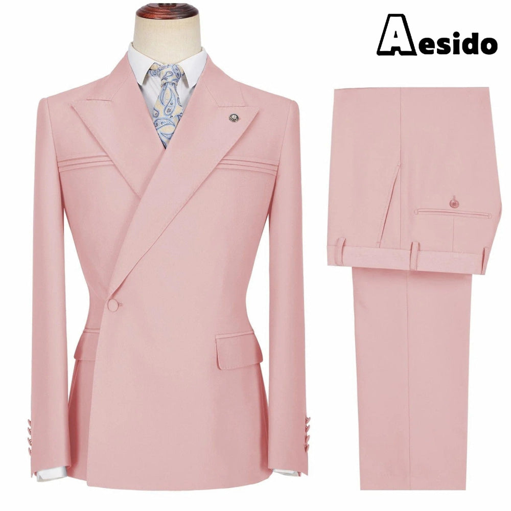 aesido 2 Pieces Business Mens Suit Slim Fit Peak Lapel Flat Blazer For Wedding (Blazer + Pants)