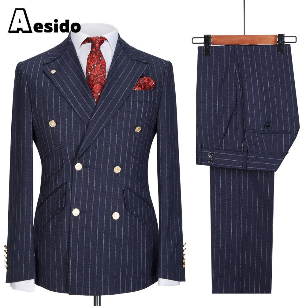 aesido 2 Pieces Double Breasted Peak Lapel Men Suit (Blazer+Pants)