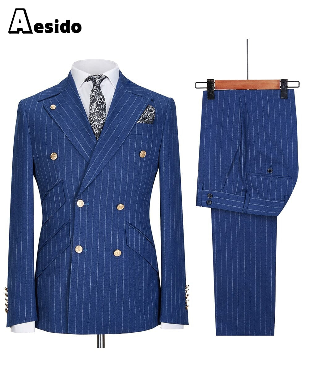 aesido 2 Pieces Double Breasted Peak Lapel Men Suit (Blazer+Pants)