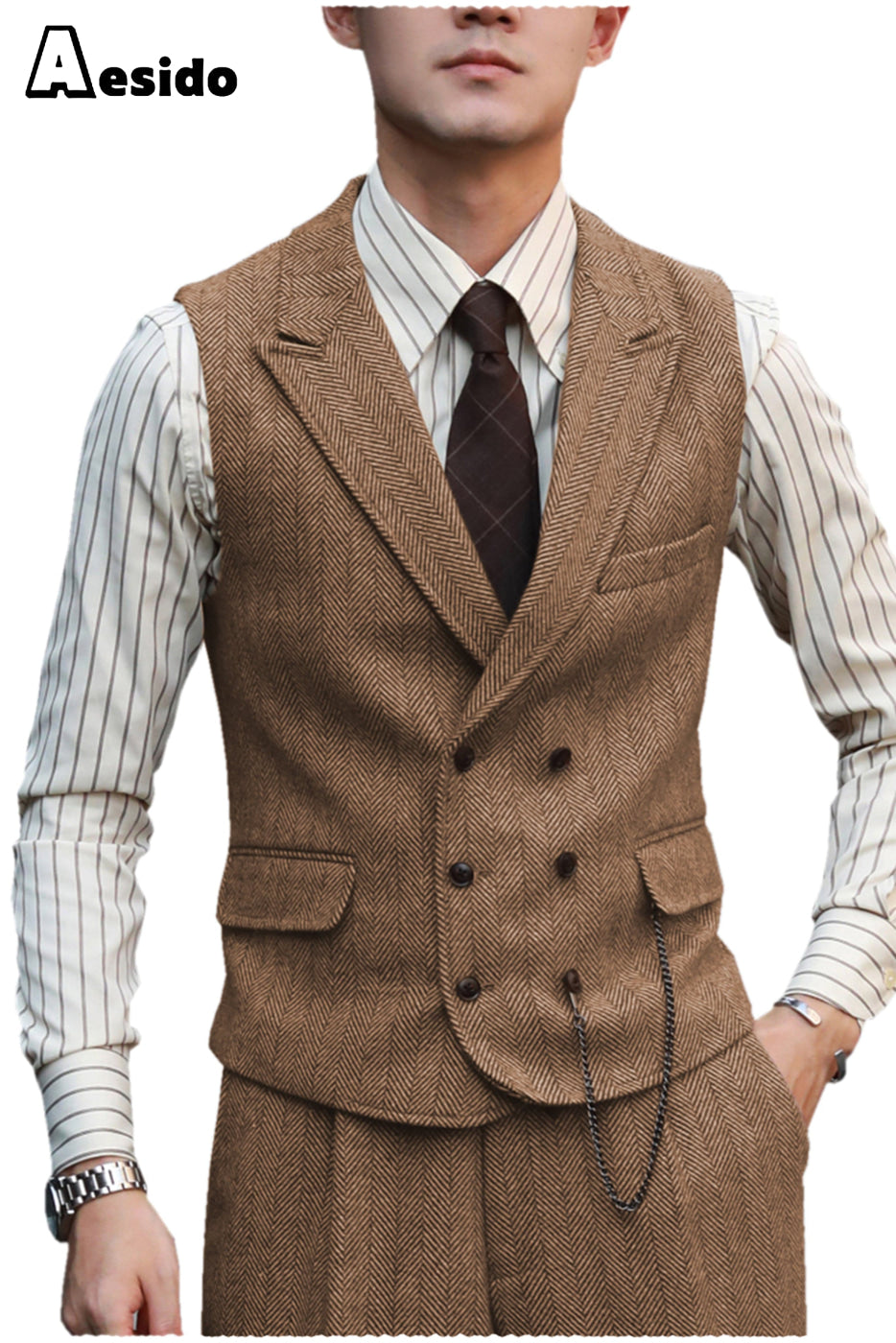 aesido 2 Pieces Double Breasted Peak Lapel Waistcoat （Vest+Pants）