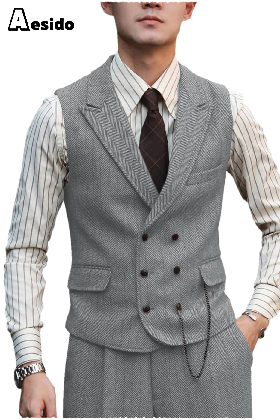 aesido 2 Pieces Double Breasted Peak Lapel Waistcoat （Vest+Pants）