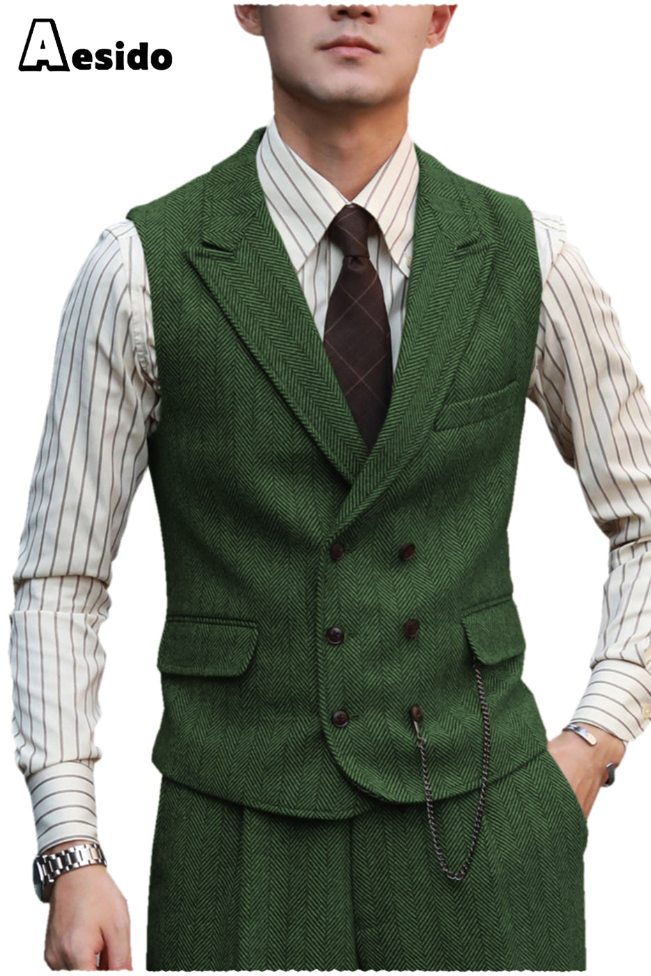 aesido 2 Pieces Double Breasted Peak Lapel Waistcoat （Vest+Pants）