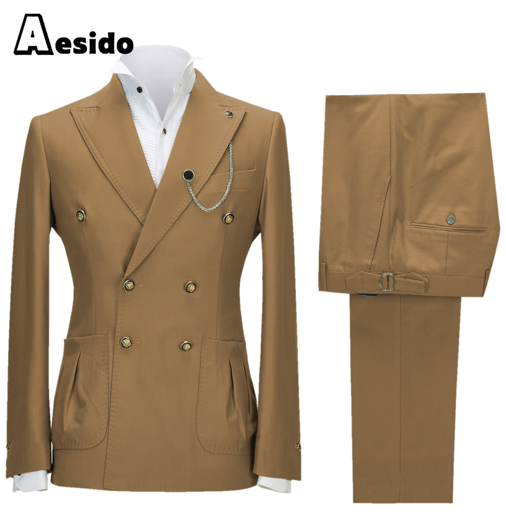 aesido 2 Pieces Double Button Peak Lapel Men Suit（BLazer+Pants）