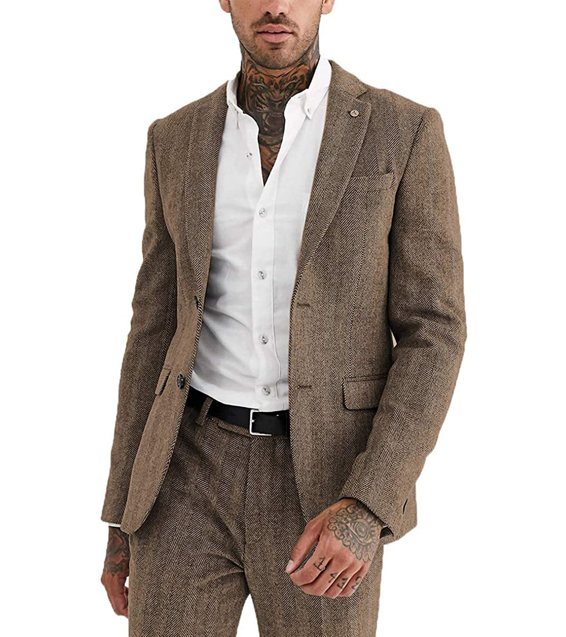 aesido 2 Pieces Mens Suit Herringbone Notch Lapel Blazer For Wedding (Blazer+Pants)