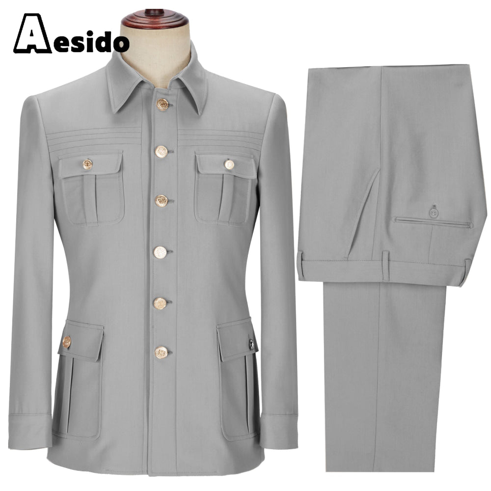 aesido 2 Pieces Mens Suit Slim Fit Flat Stand Collar Blazer For Wedding (Blazer+Pants)