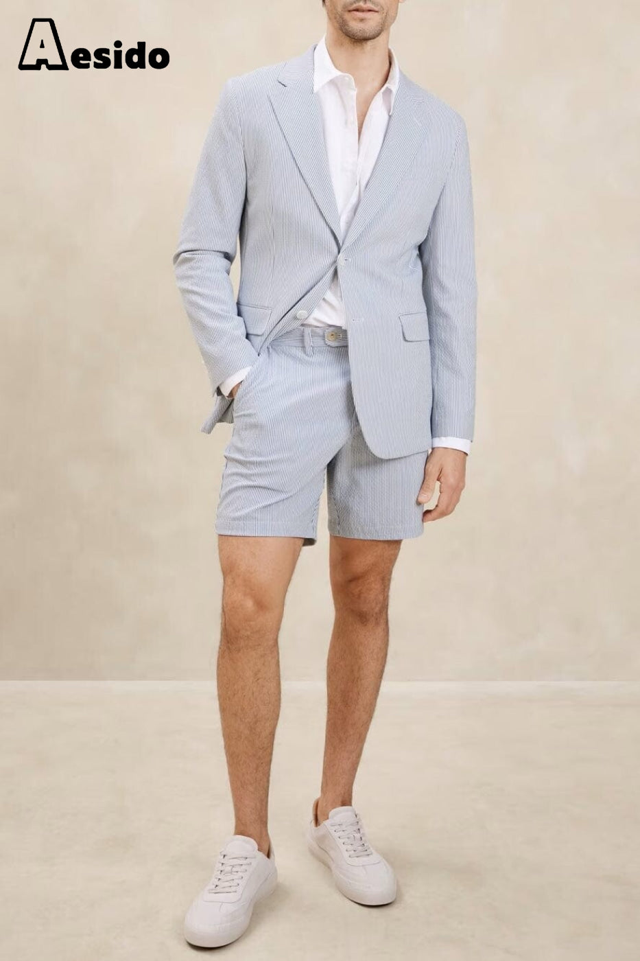 aesido 2024 New Summer Seersucker Casual Men's Suit (Blazer+Shorts)