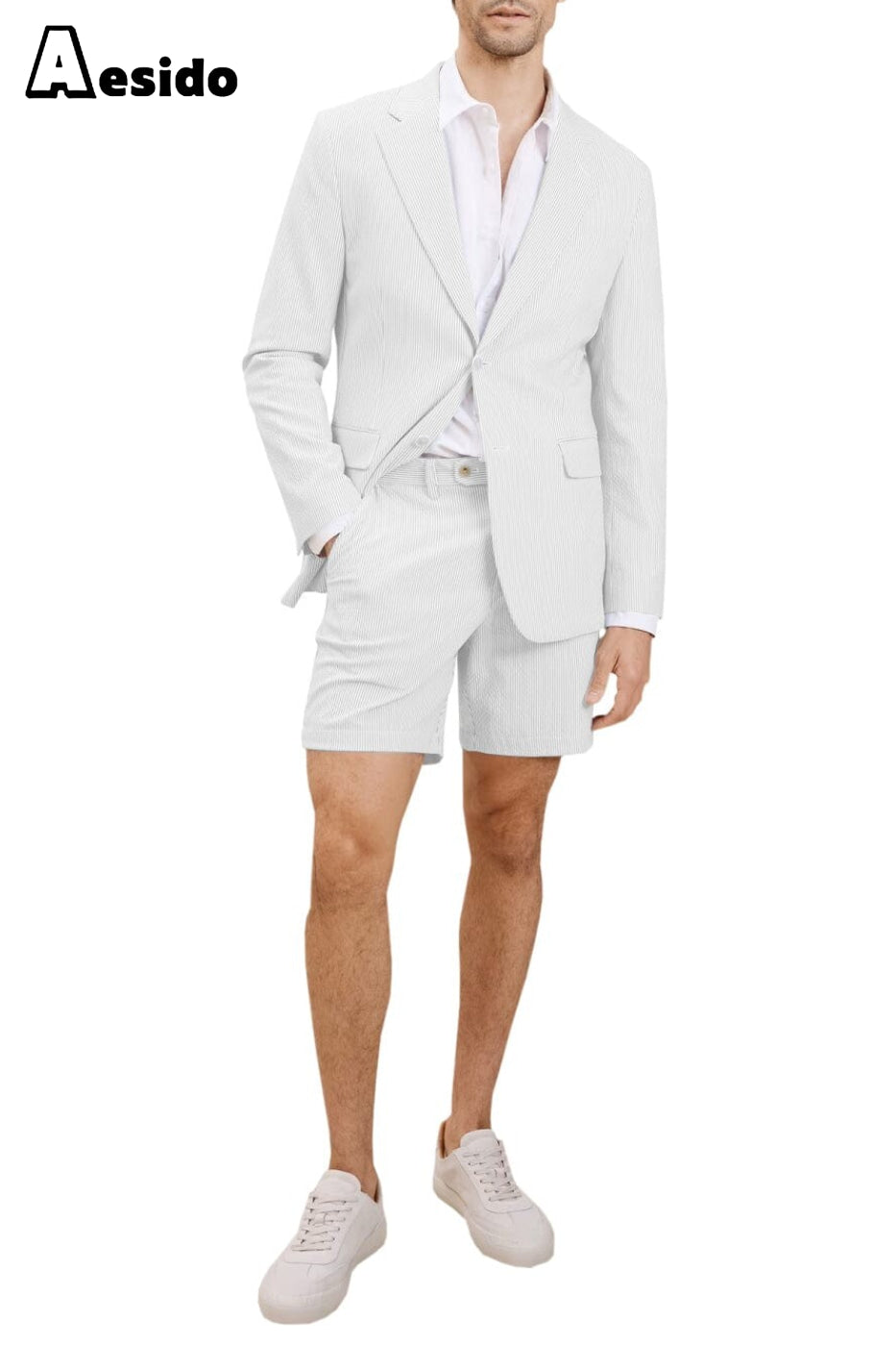 aesido 2024 New Summer Seersucker Casual Men's Suit (Blazer+Shorts)