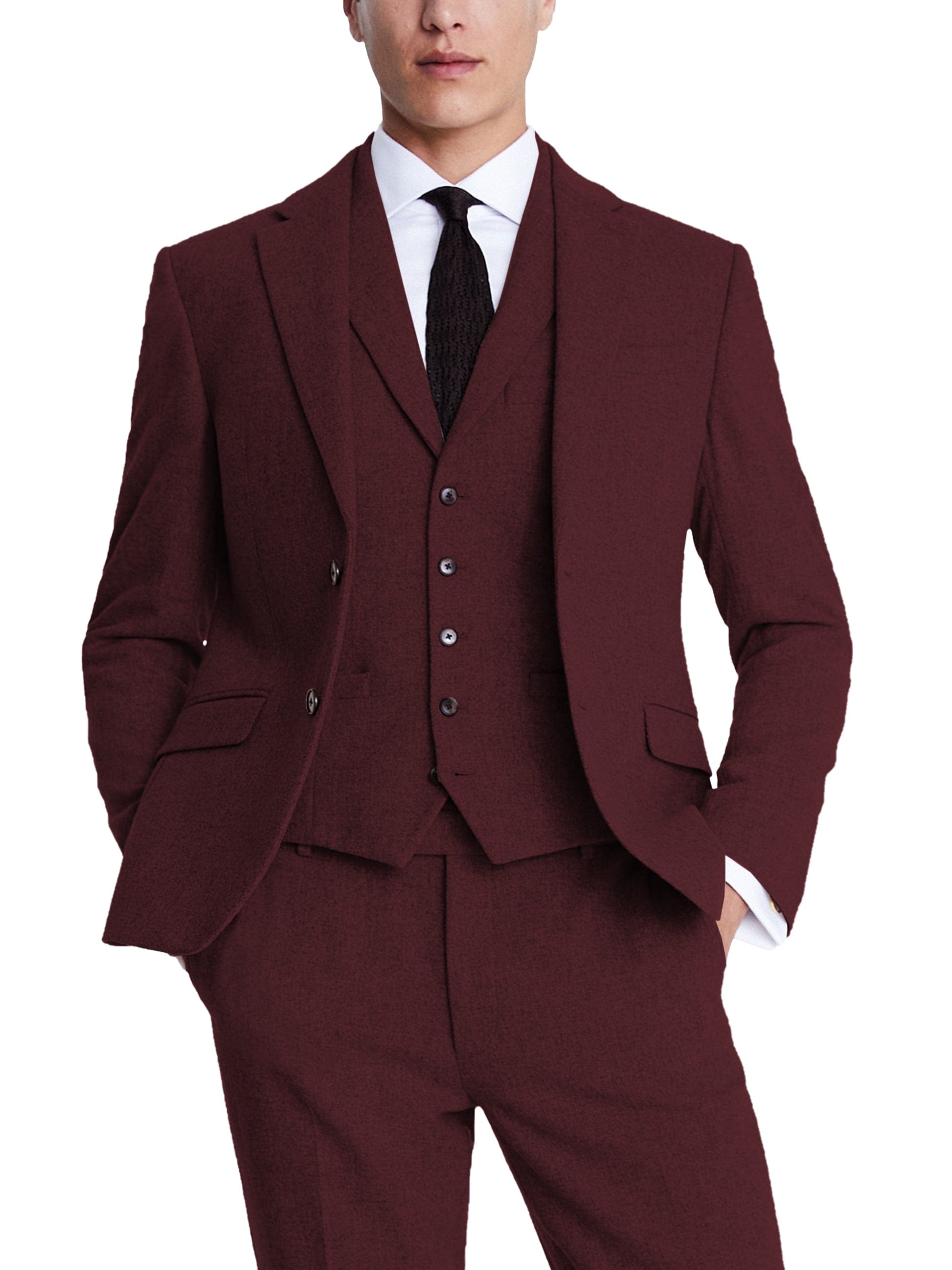 aesido 3 Piece Business Casual Double Button Notch Lapel Tweed Men Suit (Blazer+Vest+Pants)