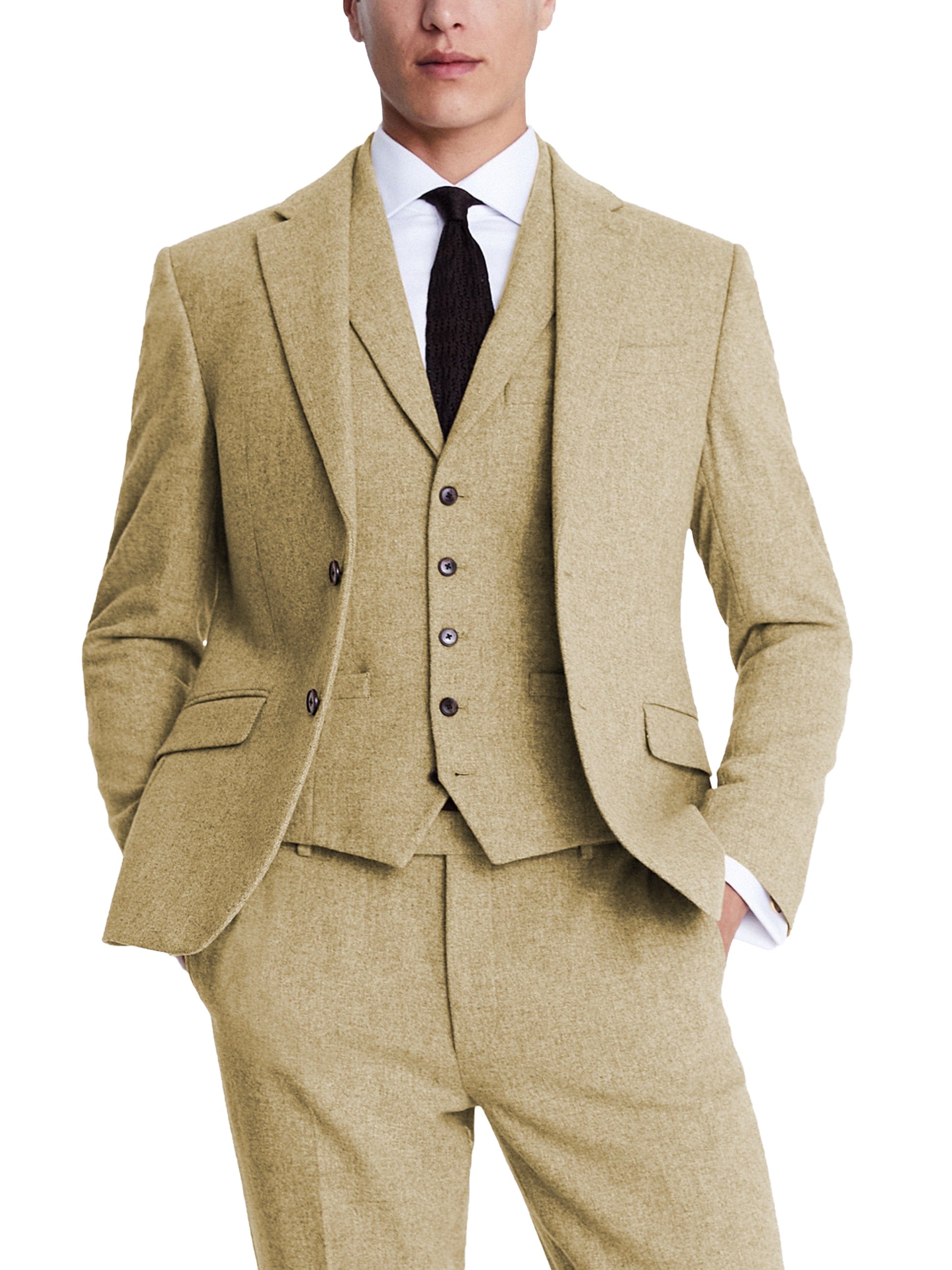 aesido 3 Piece Business Casual Double Button Notch Lapel Tweed Men Suit (Blazer+Vest+Pants)