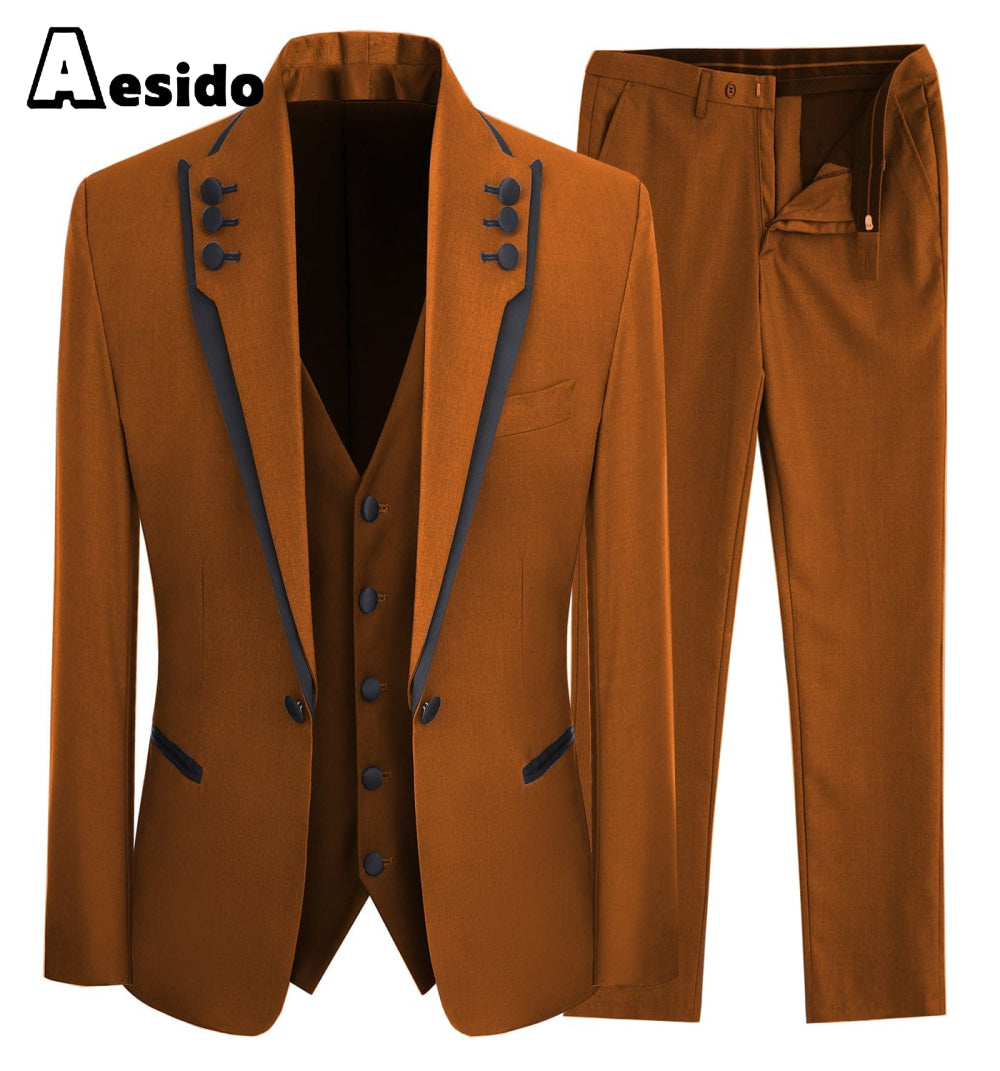 aesido 3 Piece Business Casual Shawl Lapel Men;s Suit (Blazer+Vest+Pants)