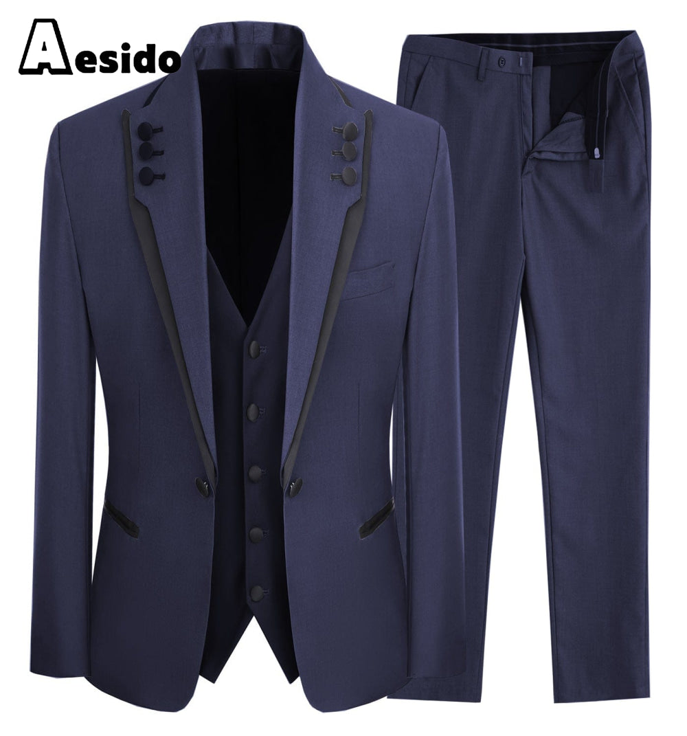 aesido 3 Piece Business Casual Shawl Lapel Men;s Suit (Blazer+Vest+Pants)