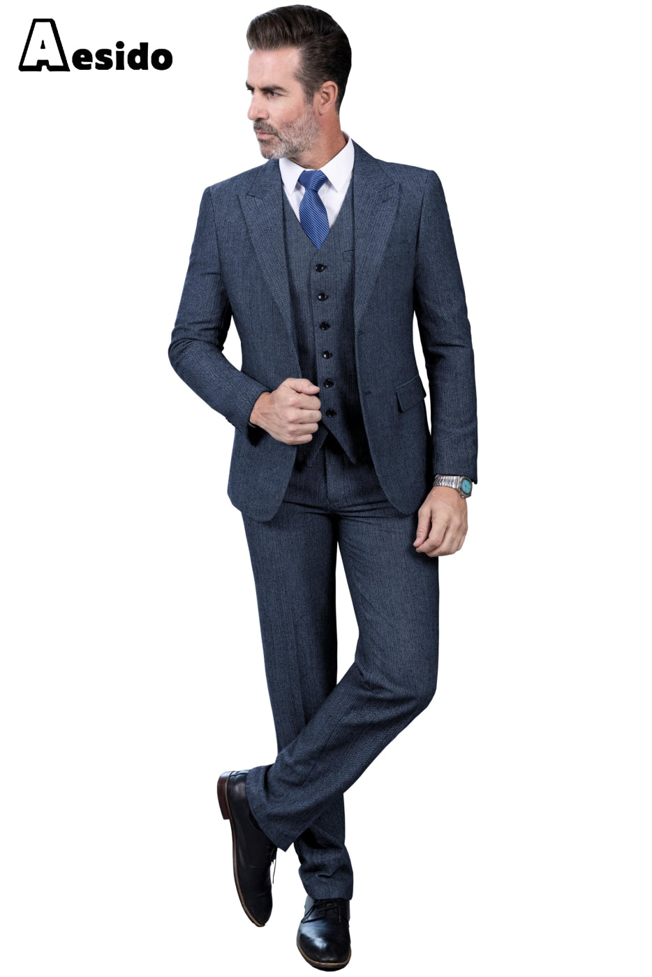 aesido 3 Piece Business Peak Lapel Men's Suit (Blazer+Vest+Pants)