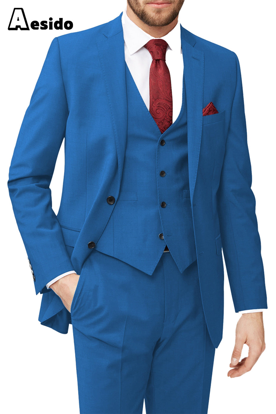 aesido 3 Piece Leisure Notch Lapel Jacket（Blazer+Vest+Pants）