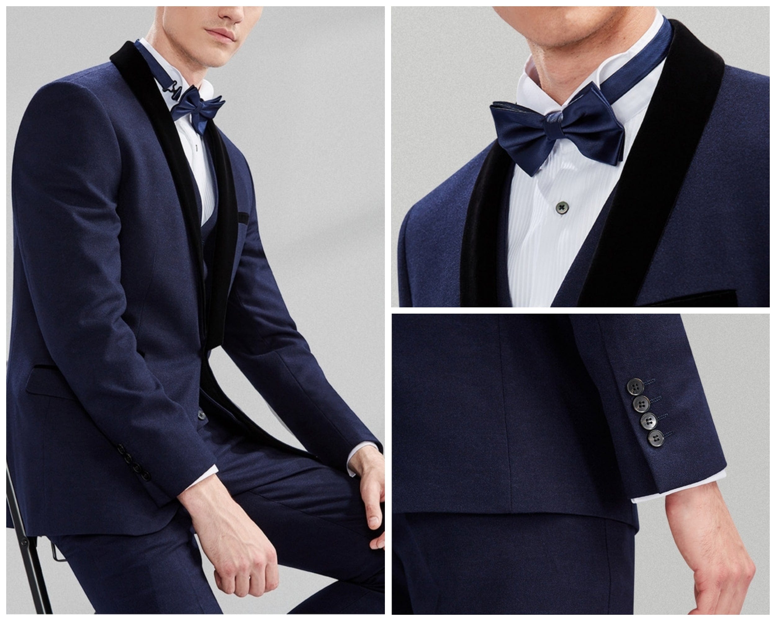 aesido 3 Piece Navy Tuxedo Single Buttons Shawl Lapel Men's Suit For Wedding (Blazer+Vest+Pants)