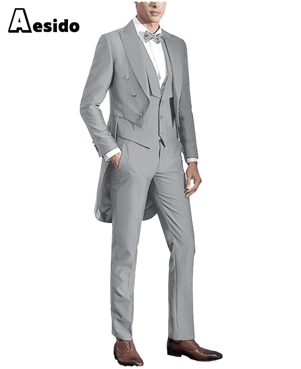 aesido 3 Pieces Business Mens Suit Regular Fit Peak Lapel Tailcoat Blazer For Wedding (Blazer+vest+Pants)