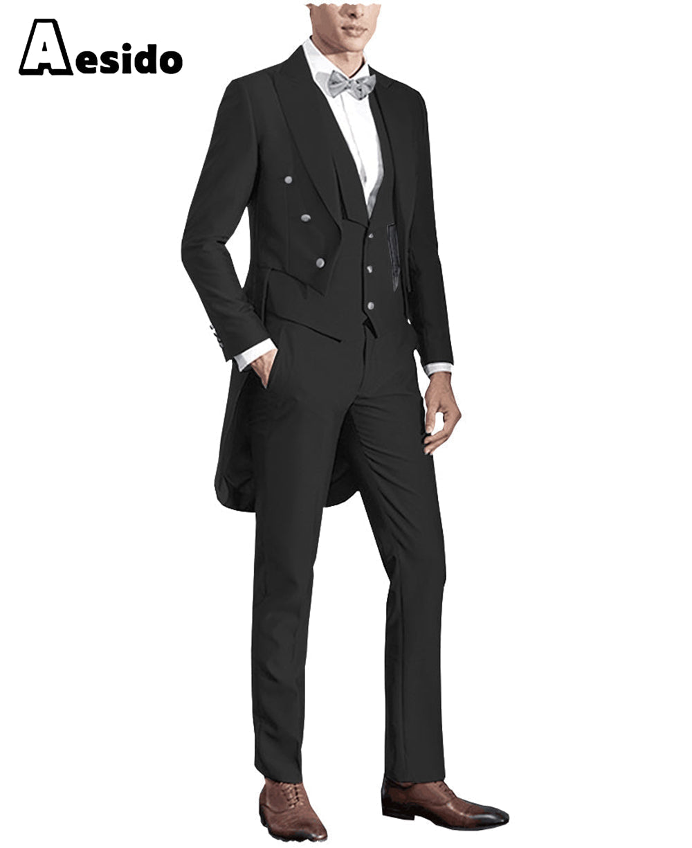 aesido 3 Pieces Business Mens Suit Regular Fit Peak Lapel Tailcoat Blazer For Wedding (Blazer+vest+Pants)