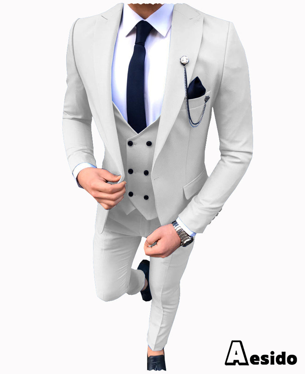 aesido 3 Pieces Business Mens Suit Slim Fit Notch Lapel Flat Blazer For Wedding (Blazer+vest+Pants)