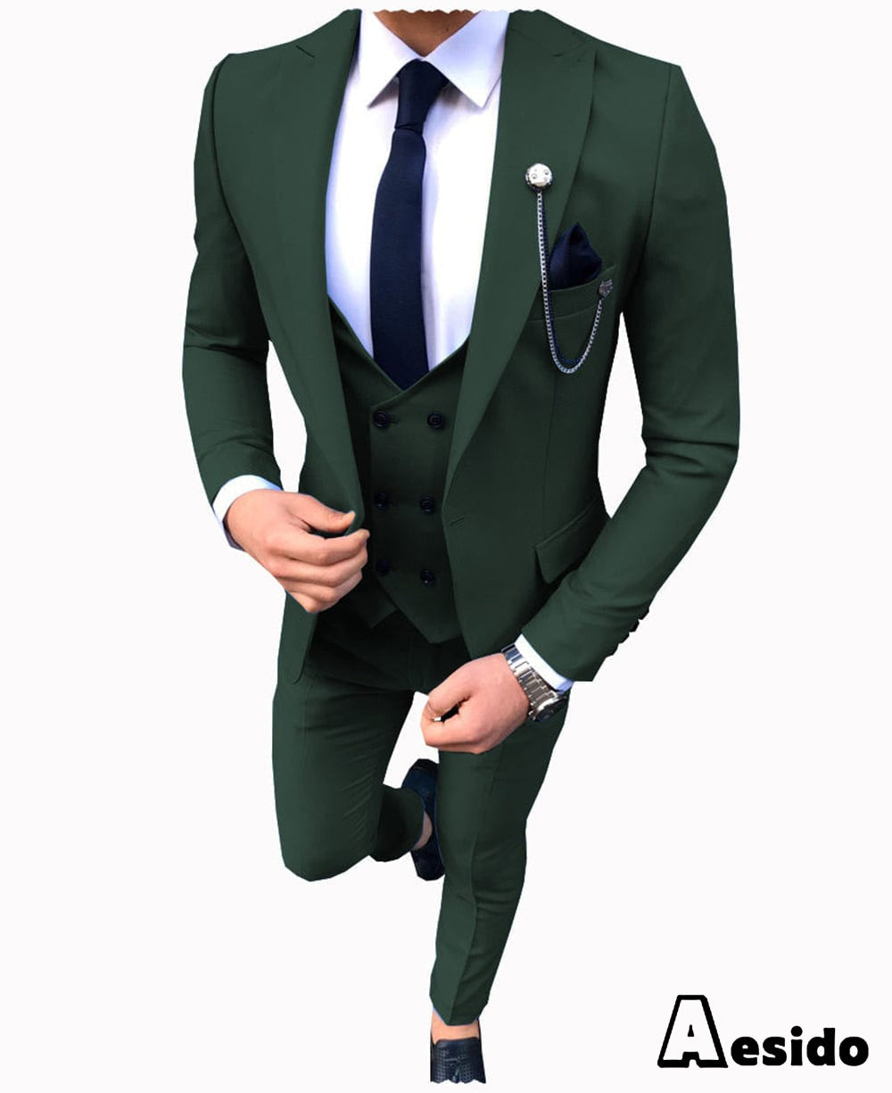 aesido 3 Pieces Business Mens Suit Slim Fit Notch Lapel Flat Blazer For Wedding (Blazer+vest+Pants)