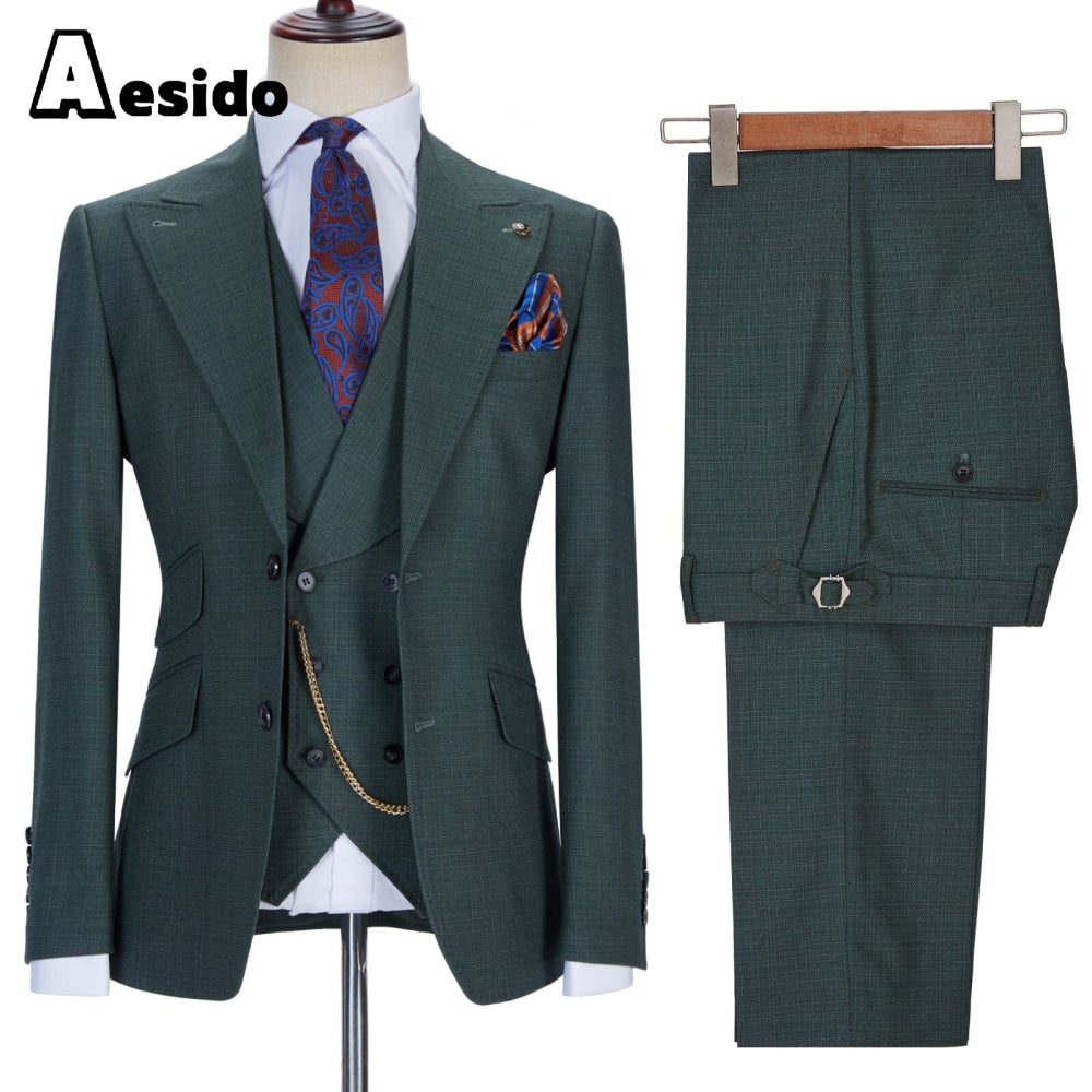 aesido 3 Pieces Business Mens Suit Slim Fit Peak Lapel Flat Blazer For Wedding (Blazer+vest+Pants)