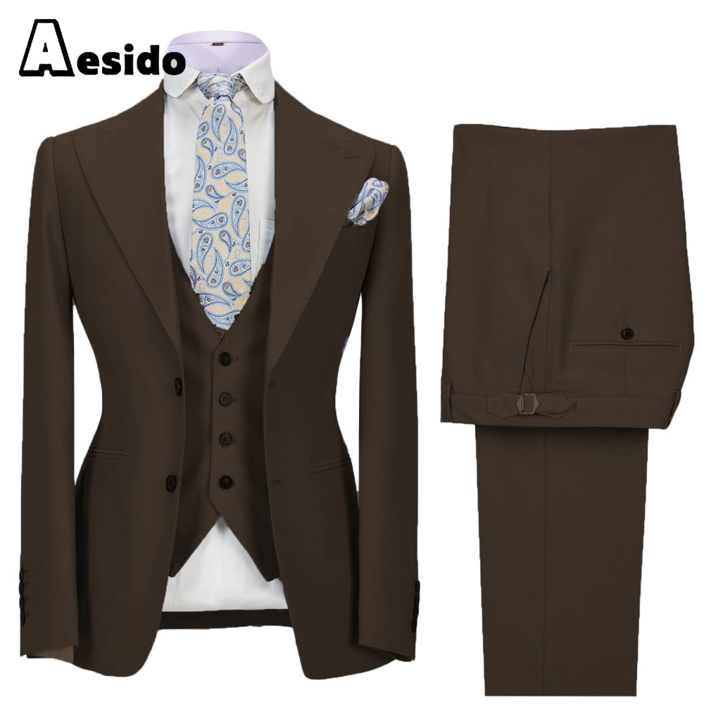 aesido 3 Pieces Business Mens Suit Slim Fit Peak Lapel Flat Blazer For Wedding (Blazer+vest+Pants)