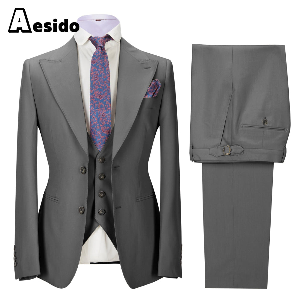 aesido 3 Pieces Business Mens Suit Slim Fit Peak Lapel Flat Blazer For Wedding (Blazer+vest+Pants)