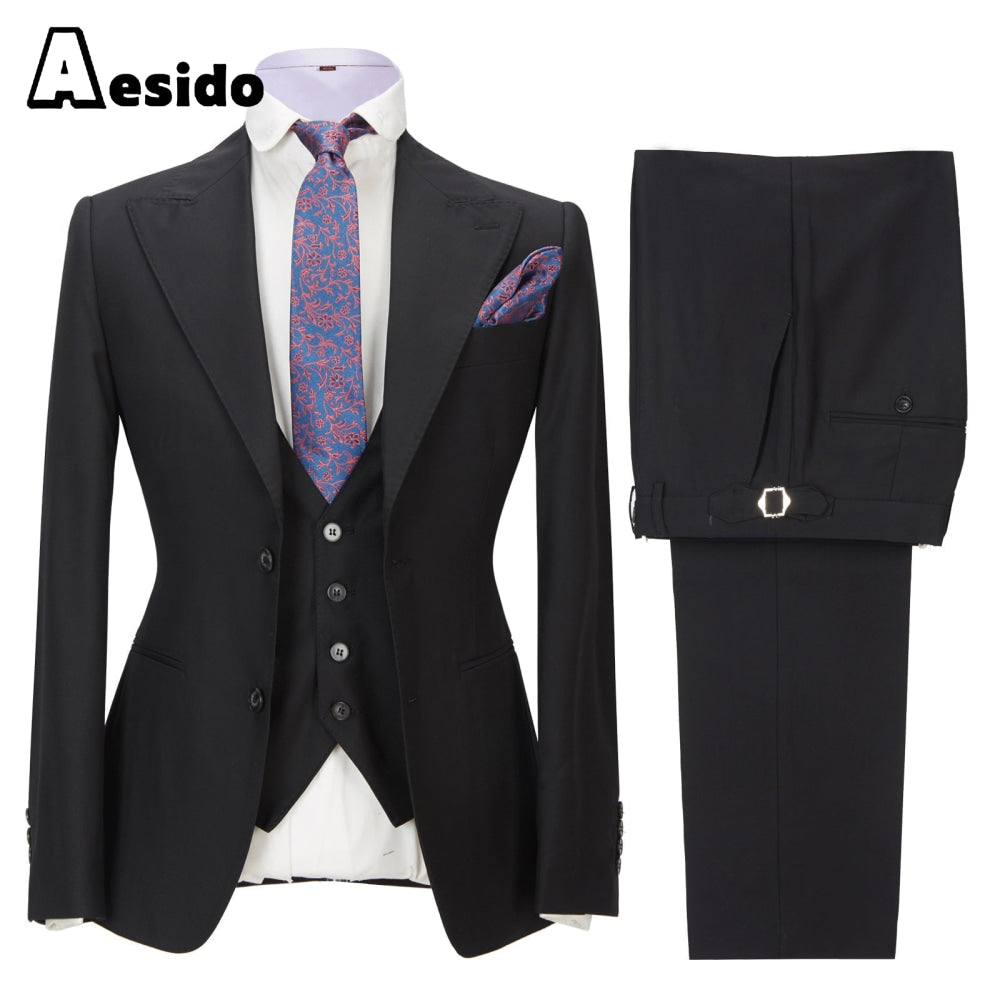 aesido 3 Pieces Business Mens Suit Slim Fit Peak Lapel Flat Blazer For Wedding (Blazer+vest+Pants)