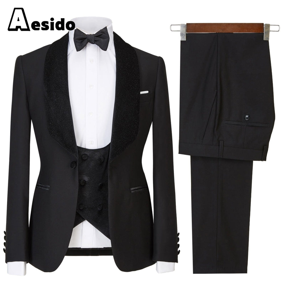 aesido 3 Pieces Mens Flat Suit Dress (Blazer+Vest+Pants)