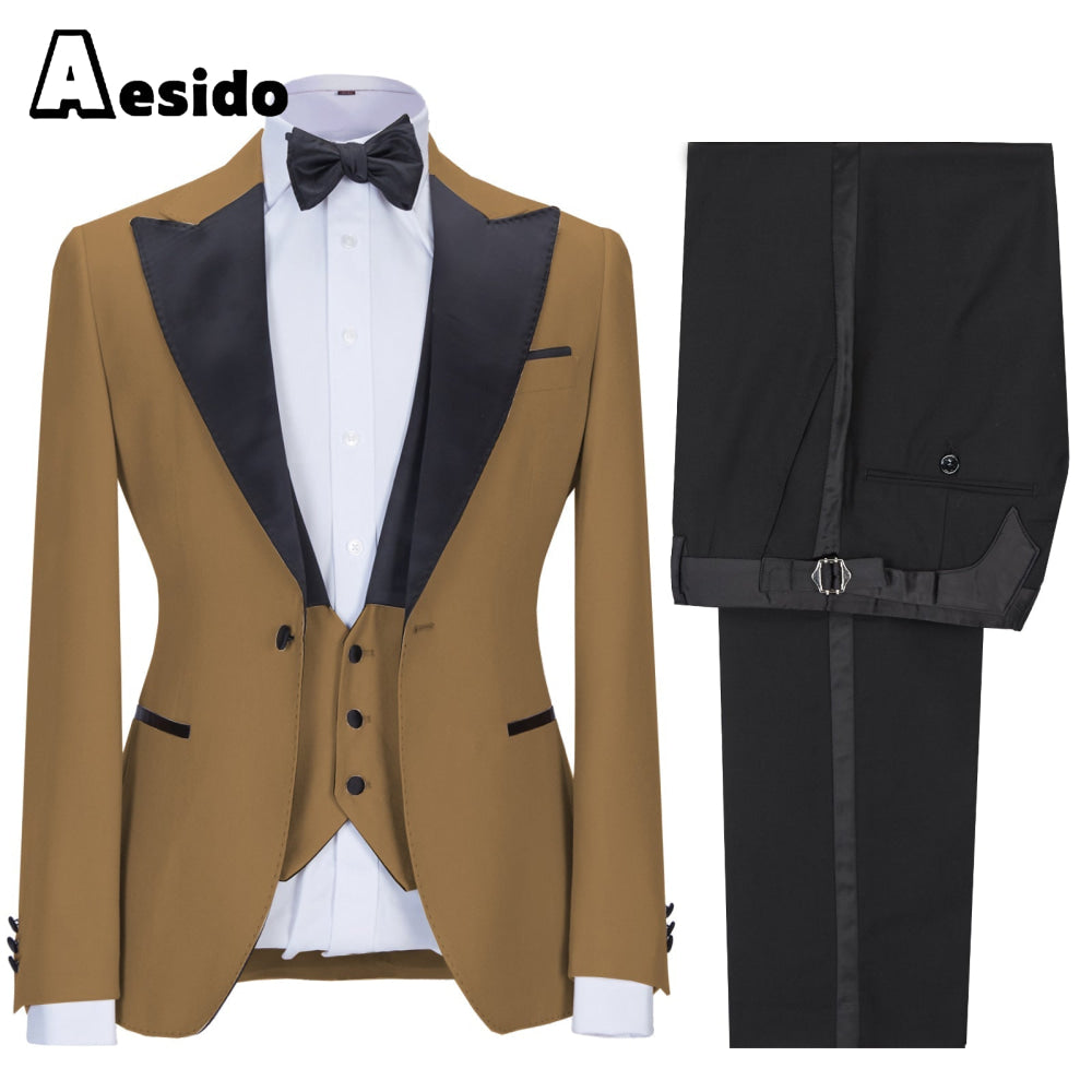 aesido 3 Pieces Peak Lapel Flat Mens Suit (Blazer+vest+Pants)