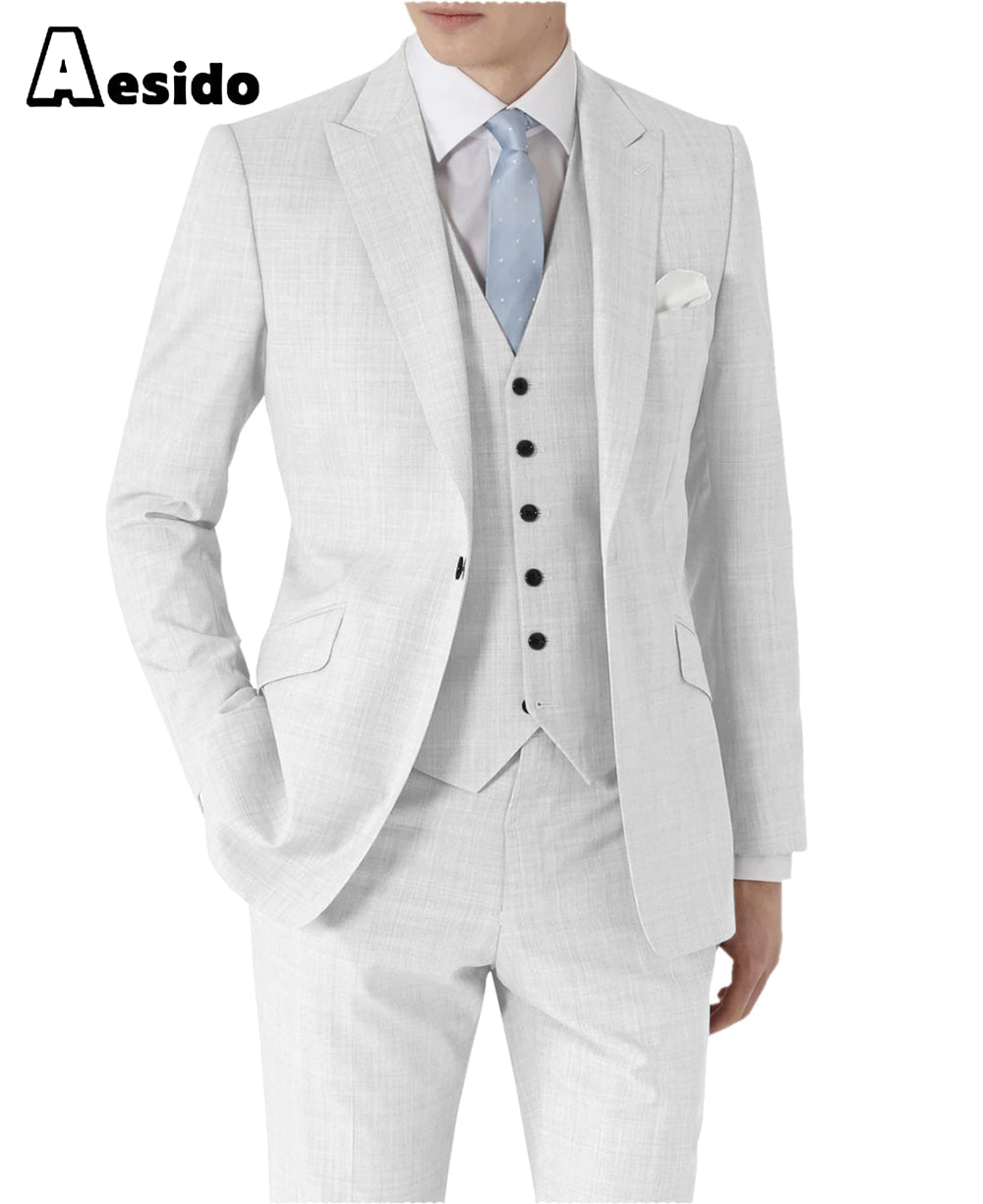 aesido 3 Pieces Single Buttons Peak Lapel Men Suit（Blazer+Vest+Pants）