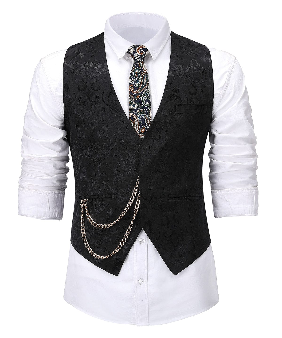 aesido Black Formal Patterned V Neck Waistcoat