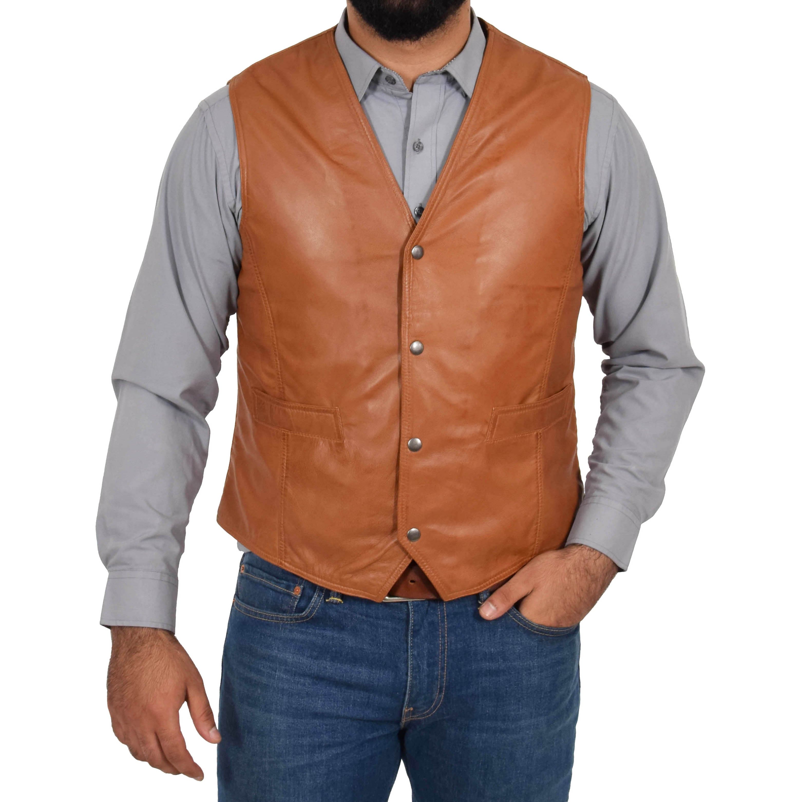 aesido Brown Men's Single Breasted V Neck Leather Vest