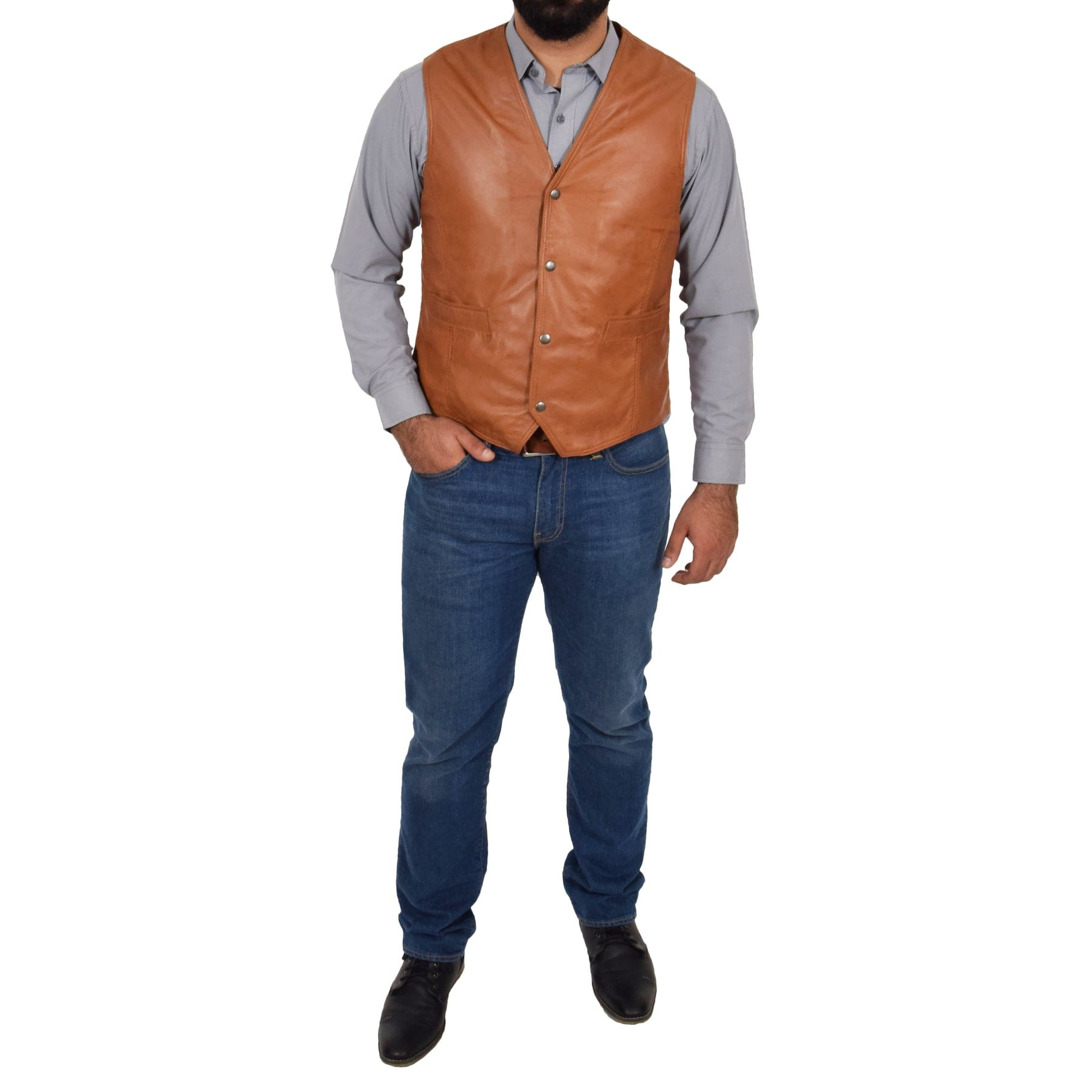 aesido Brown Men's Single Breasted V Neck Leather Vest