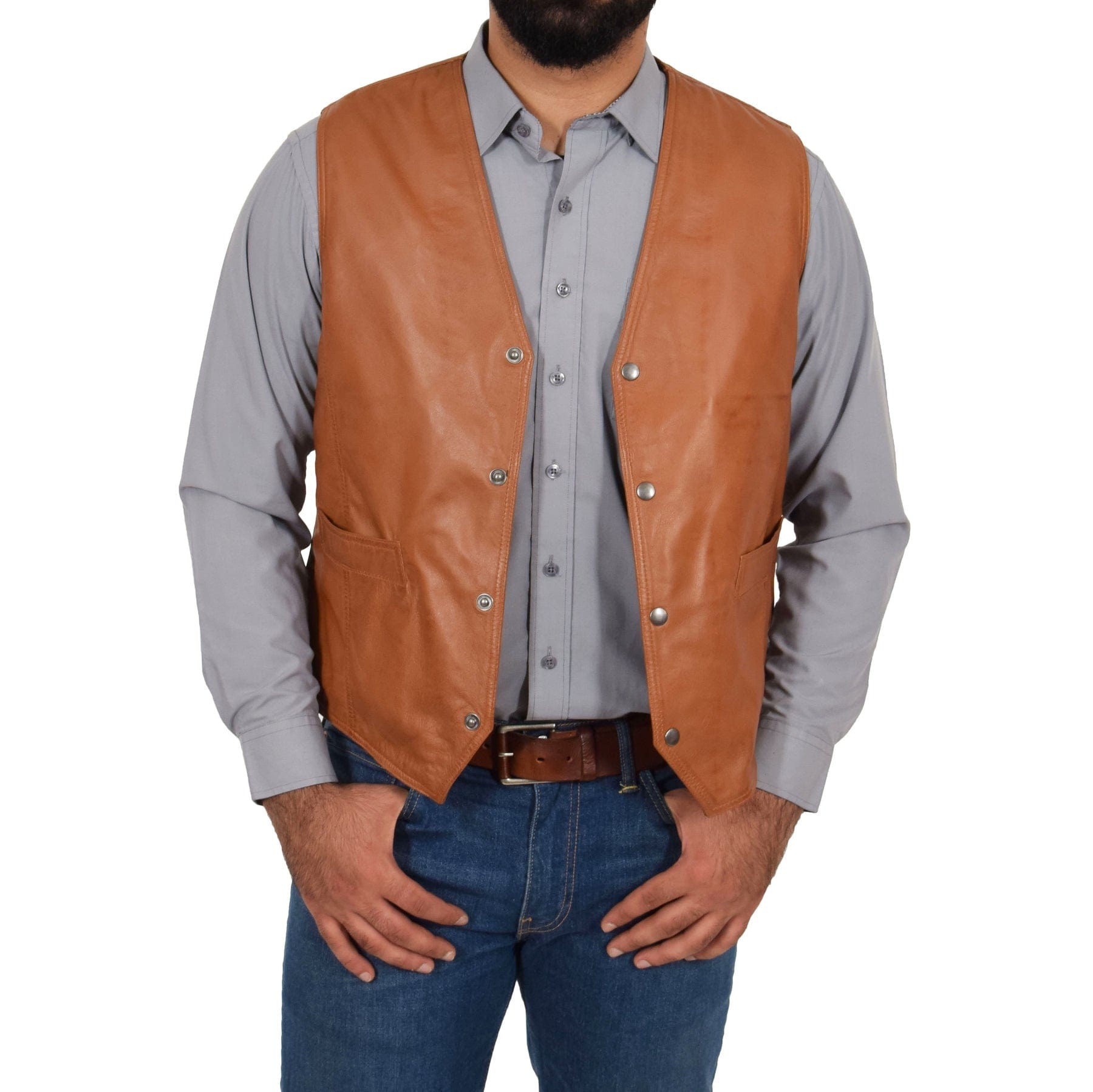 aesido Brown Men's Single Breasted V Neck Leather Vest