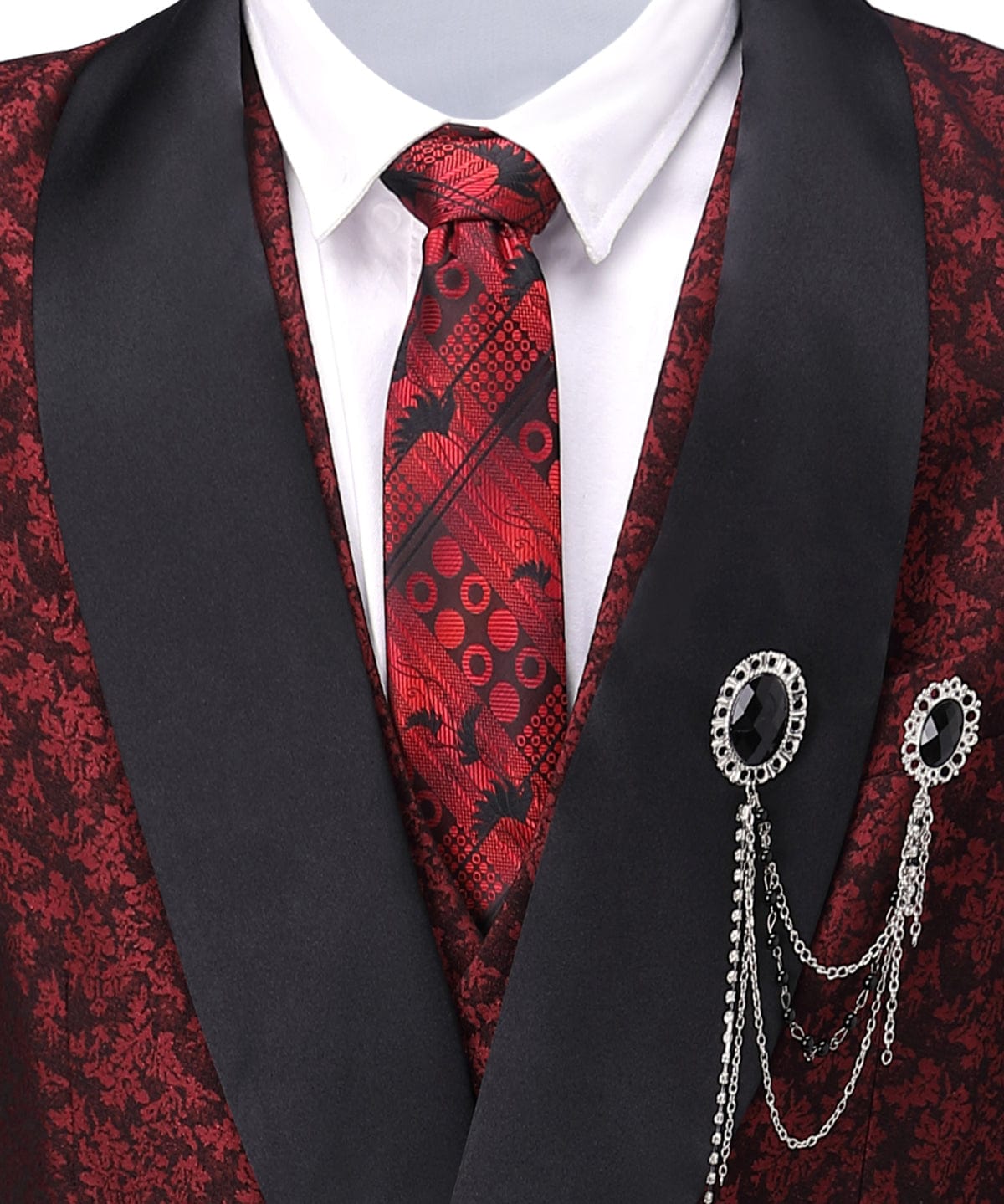 aesido Burgundy Patterned Shawl Lapel 3 Pieces Mens Suit Tuxedos (Blazer+vest+Pants)