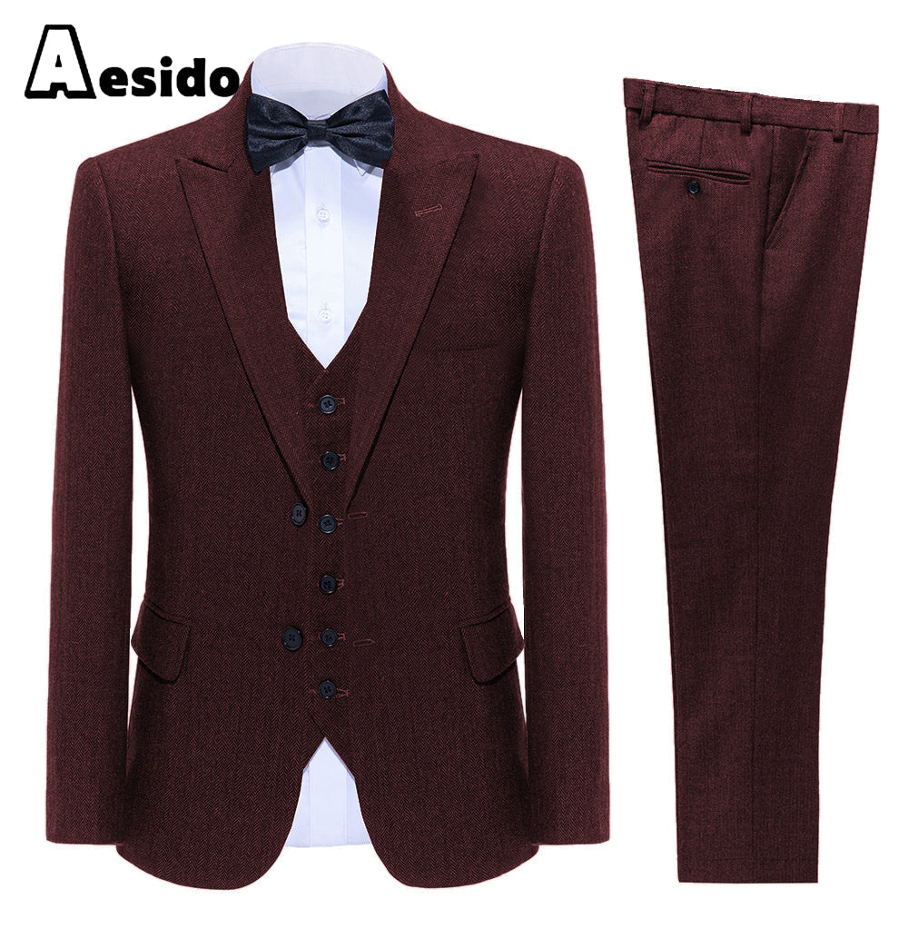 aesido Business Double Buttons Peak Lapel Men Suit（Blazer+Vest+Pants）