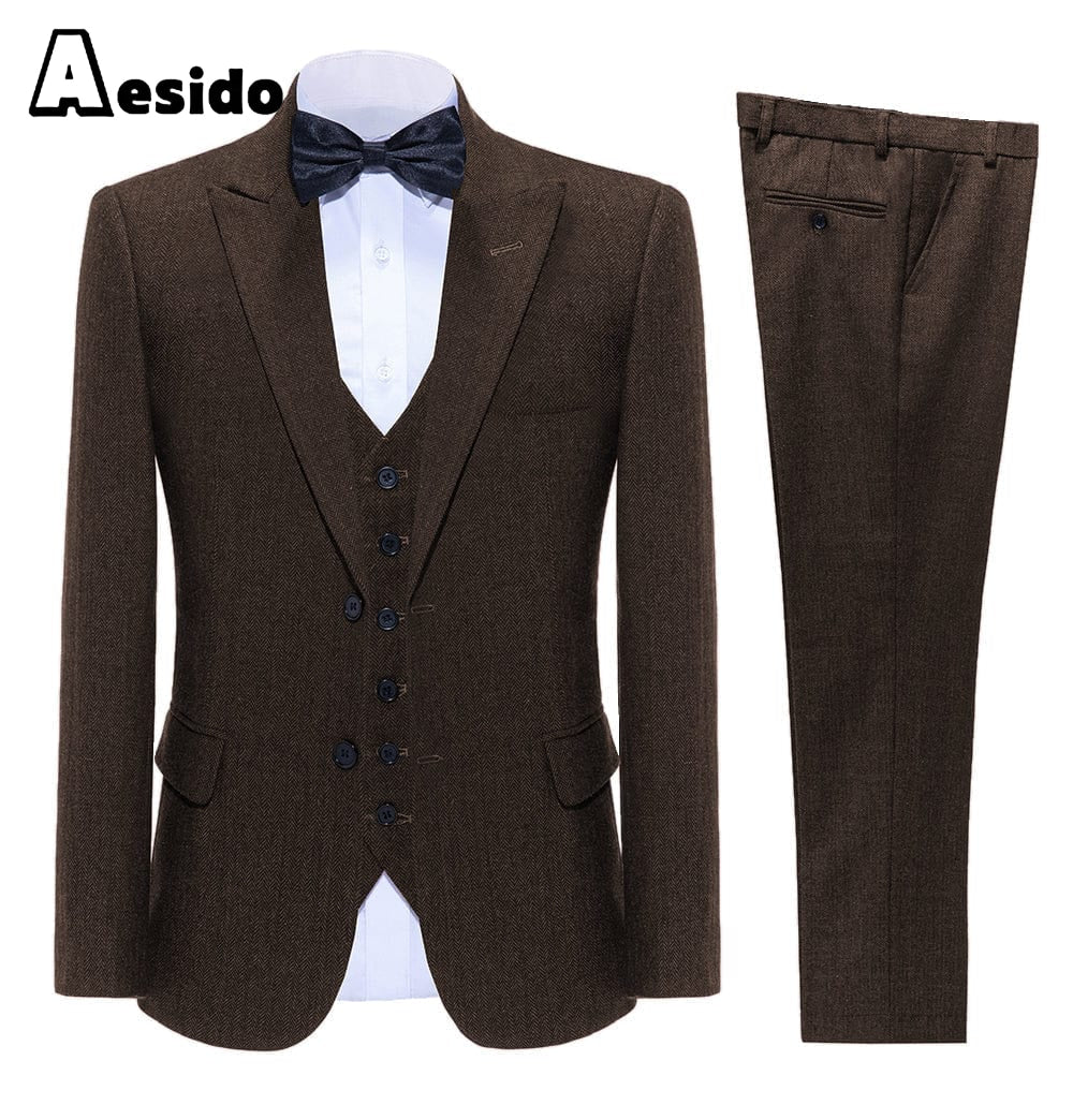 aesido Business Double Buttons Peak Lapel Men Suit（Blazer+Vest+Pants）