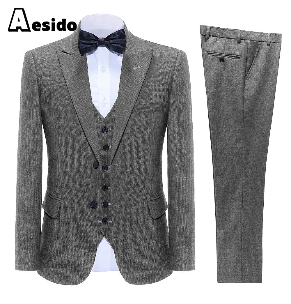 aesido Business Double Buttons Peak Lapel Men Suit（Blazer+Vest+Pants）