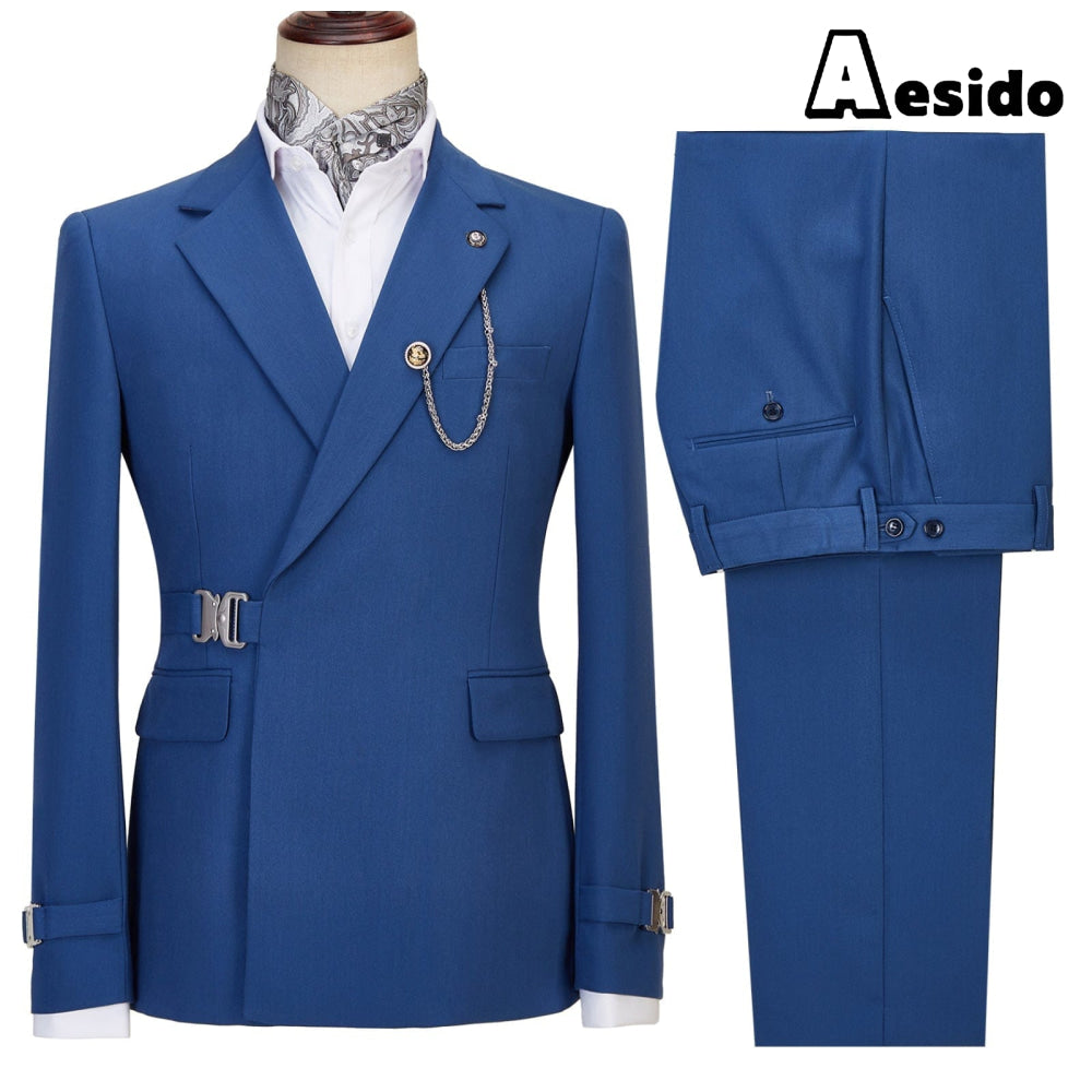 aesido Business Men's Suit 2 Pieces Notch Lapel Flat Blazer (Blazer + Pants)